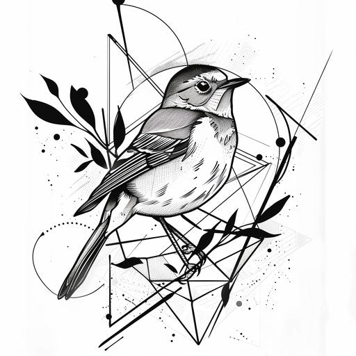 Flat tattoo sketch of a minimalist robin with abstract background elements