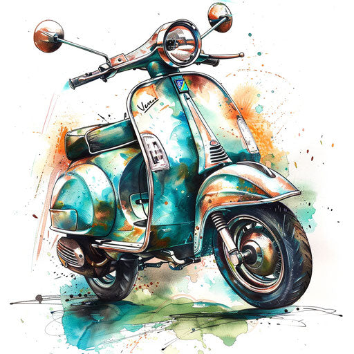 Artistic tattoo design of a Vespa scooter in watercolor
