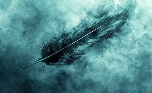 Eagle feather falling in the air, light turquoise and dark gray style, detailed sketch, Fujifilm Natur 1600, UHD image, tattoo, misty atmosphere