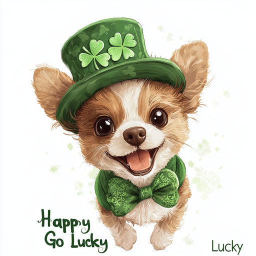 Adorable puppy in green hat with shamrock, 'Happy Go Lucky'