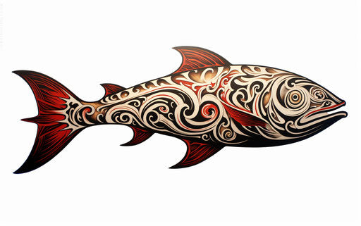 Magnified ornamentation of tattoo designs resembling a big fish, in the style of Maori art