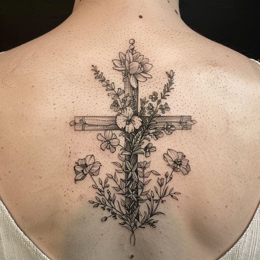 Men's botanical cross tattoo in the Maria Sibylla Merian style