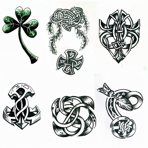 Small tattoo designs: shamrocks, Celtic knots, horseshoes on white