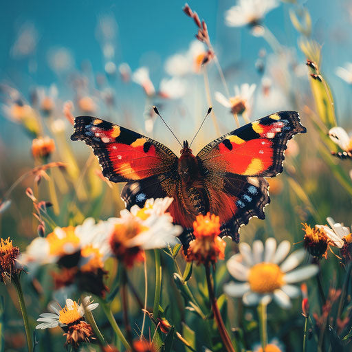 Red admiral butterfly fluttering among wildflowers