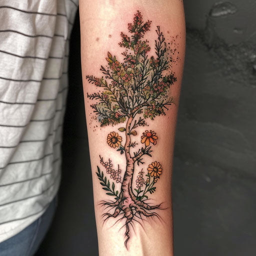 Wildflower tattoo with tree, earthy tones, detailed trunk, grounding design