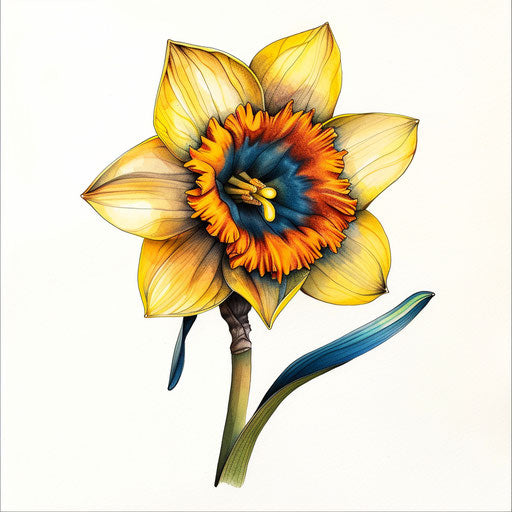 Realistic and detailed drawing of a Narcissus flower tattoo, lifelike colors and textures on a white background