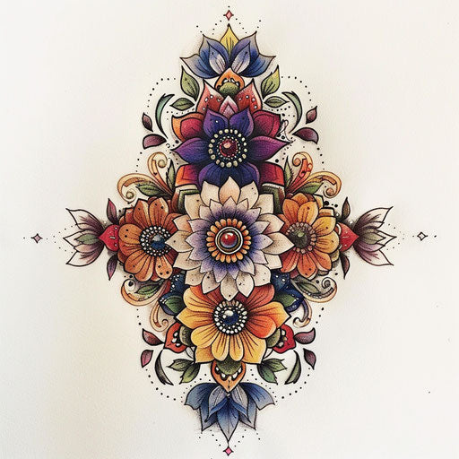 Wildflower mandala tattoo, intricate patterns, bright colors, symmetrical design