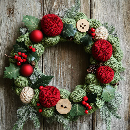 Hand-knitted wreath of green and red yarn
