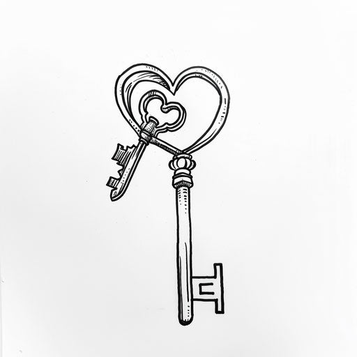 Simple line art tattoo sketch of a key unlocking a heart, in a flat style, signifying freedom