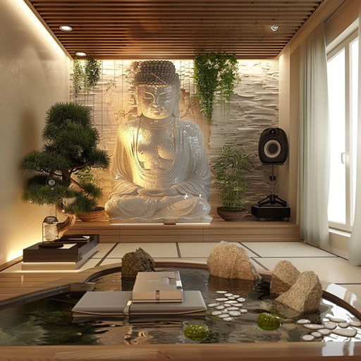 Zen home office with meditation space and ambient music setup