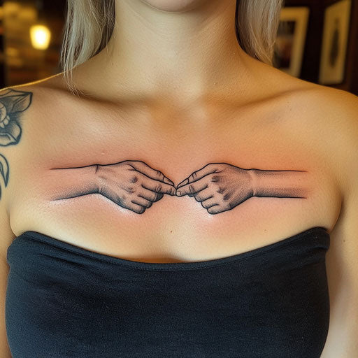 Daughter tattoos with a pinky promise on upper chest