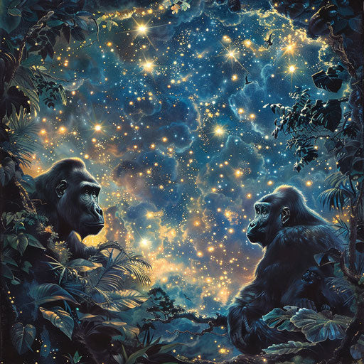 Gorillas under a starry sky with magical realism