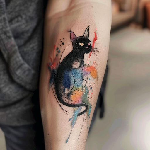 Watercolor-style black cat tattoo with splashes of color