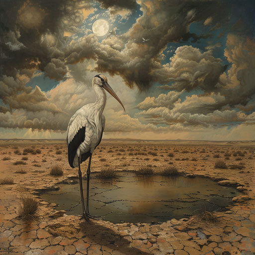 The wood stork in dry landscape by the last waterhole
