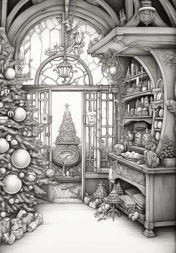 Christmas coloring book, in the style of clockpunk, black and white ink drawings, lively tableaus, ilford pan f, captivating 23:33