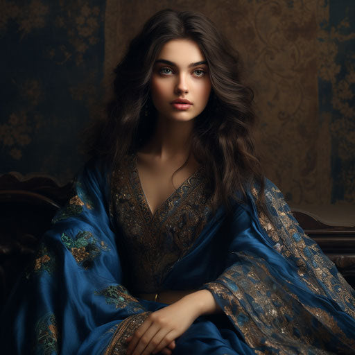 Blue dress for girls 2019, in the style of candid moments captured, qajar art, Indian traditions, dark brown, emotive gestures, lovely
