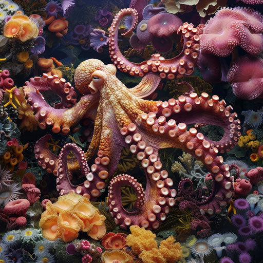 An octopus gliding gracefully through a vibrant coral reef