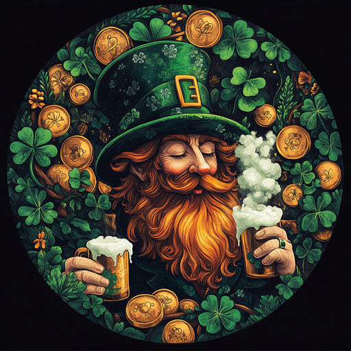 Irish celebration with leprechauns, gold coins, and beer