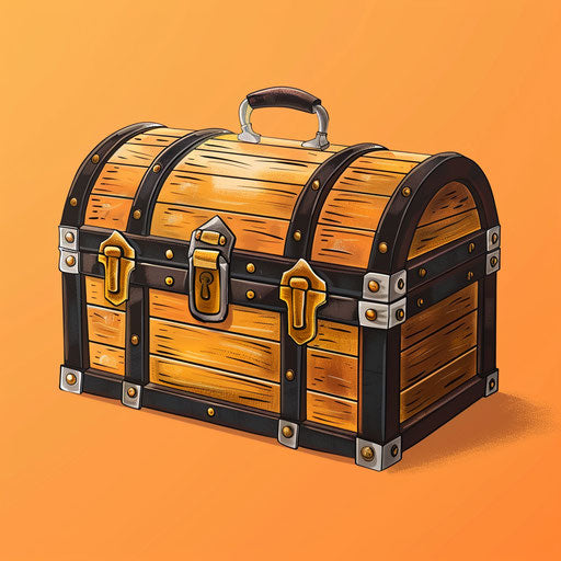 Realistic treasure chest on sunset orange background