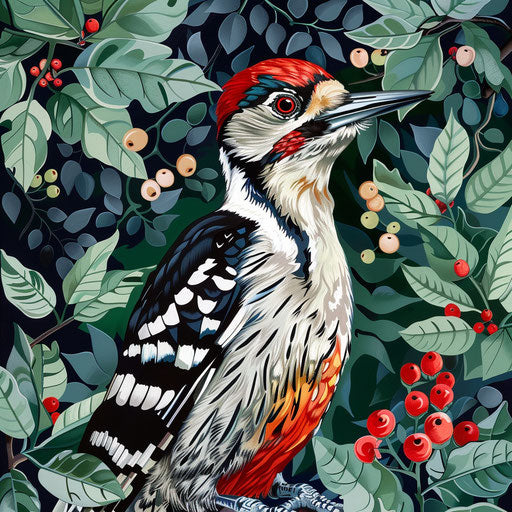 Woodpecker in spring with green leaves and budding flowers