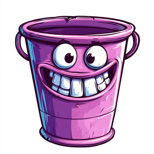 Humorous caricature of a bucket with human characteristics