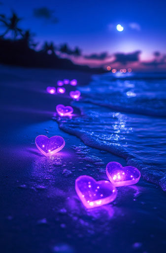 Glowing purple hearts on the beach at night with the moon and stars