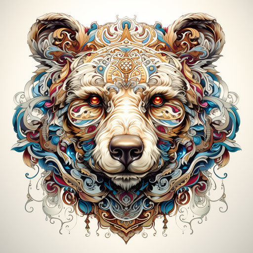 Bear head adorned with colorful ornaments, baroque-punk style