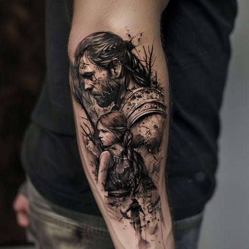 Father daughter tattoos with heroic elements, Glenn Fabry style