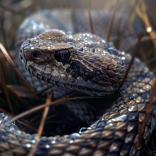 Rattlesnake with dewdrops in early morning fog