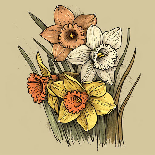 Rustic clipart style flat tattoo sketch of daffodils for March
