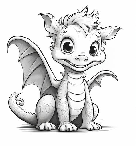 Cute cartoon dragon, light black and white style, captivating line drawing
