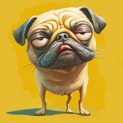 Humorous caricature of a pug with human characteristics