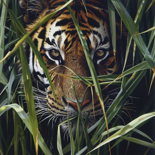 The piercing eyes of a Siberian tiger behind tall grasses