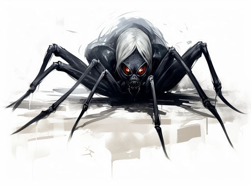 Black widow on white background, grisaille, cryptid academia