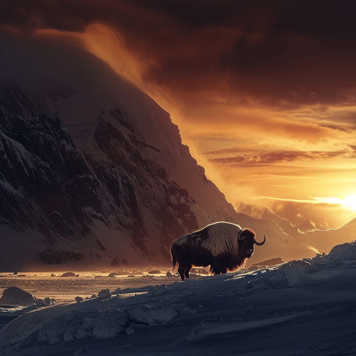 Musk ox in a dramatic arctic landscape with bold lighting