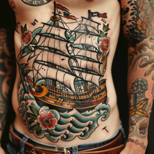 Men's stomach tattoos of a pirate ship, Sailor Jerry style