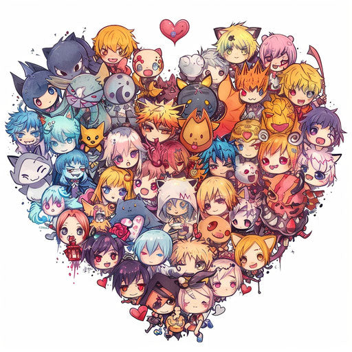 Cute colorful chibi anime characters in heart shape
