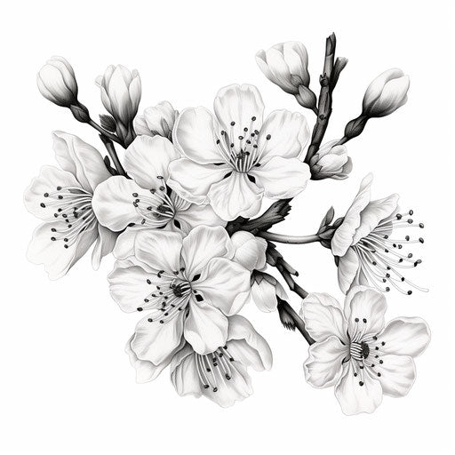 Black and white illustration of a cherry blossom in the style of bardcore, anemoiacore, detailed botanical illustrations