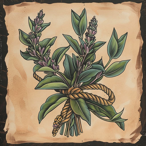 Old school flat tattoo sketch of sage tied with a traditional sailor's rope