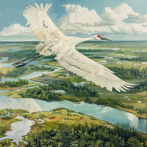 Soaring crane over wetlands and forests