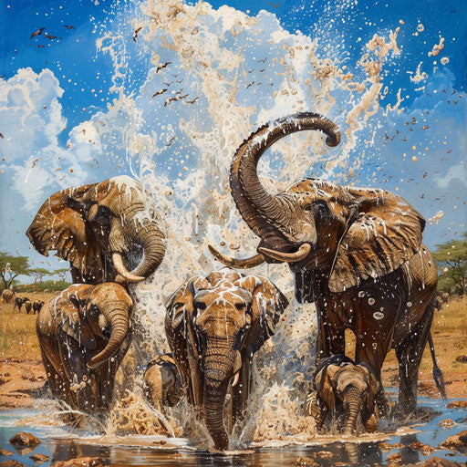 Joyful gathering of elephants around a waterhole