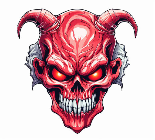 Horned devil skull caricature style, light red