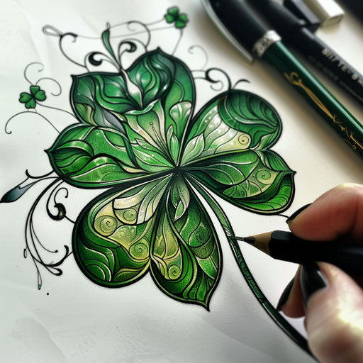 Four-leaf clover tattoo in lush green and black stained glass style