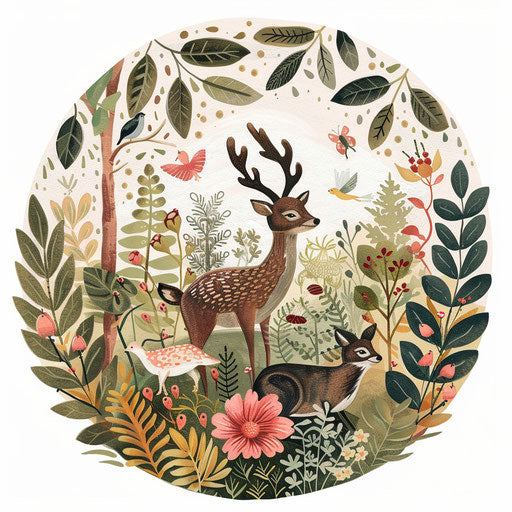 Nature-inspired clipart style flat tattoo sketch for a girly tattoo with lush greenery and forest animals in natural tones