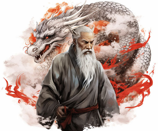 Monk behind dragon symbol, Chinese painting in red and silver