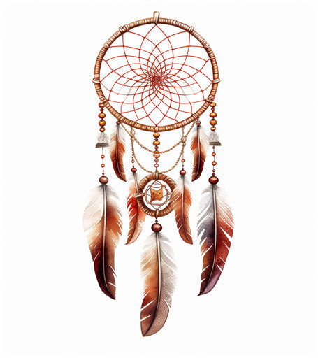 Indian dream catcher on white background with feathers in dark and light maroon style, detailed cross-hatching