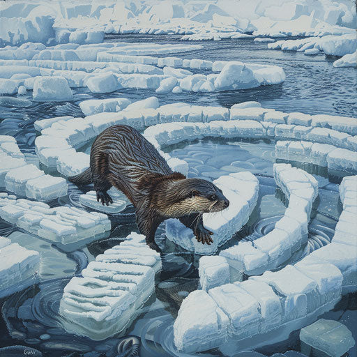 Otter navigating carefully in a labyrinth of ice floes in a chilly river.
