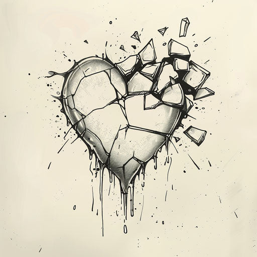 Tattooed heart on paper, crying glass pieces