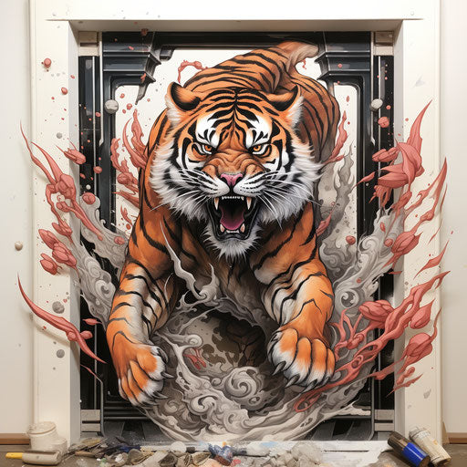 Wild tiger opening a door in neo-traditional Japanese style