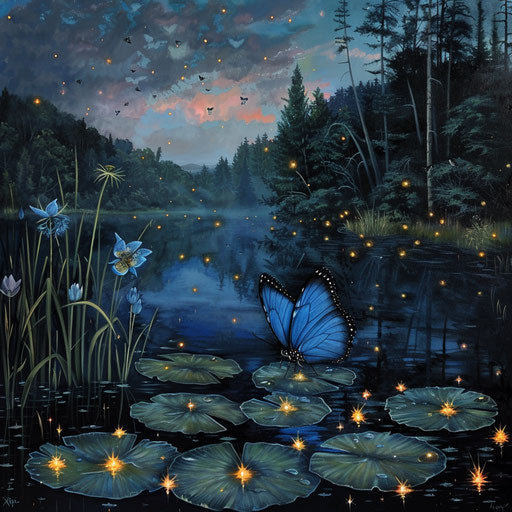 Twilight at a pond, fireflies starting to light up, a Xerces blue butterfly settling on a lily pad